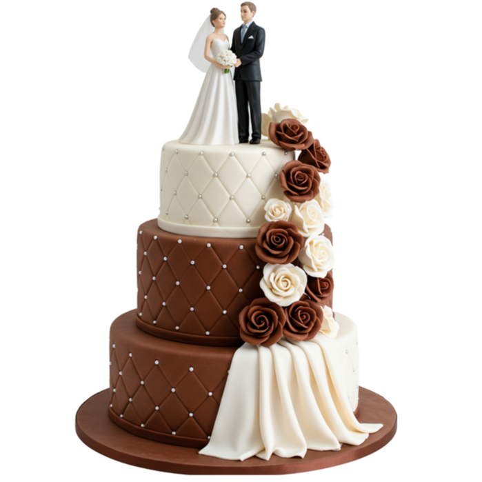 Torta di nozze con in cima statuine in pasta di zucchero degli sposi Chocolate Romance