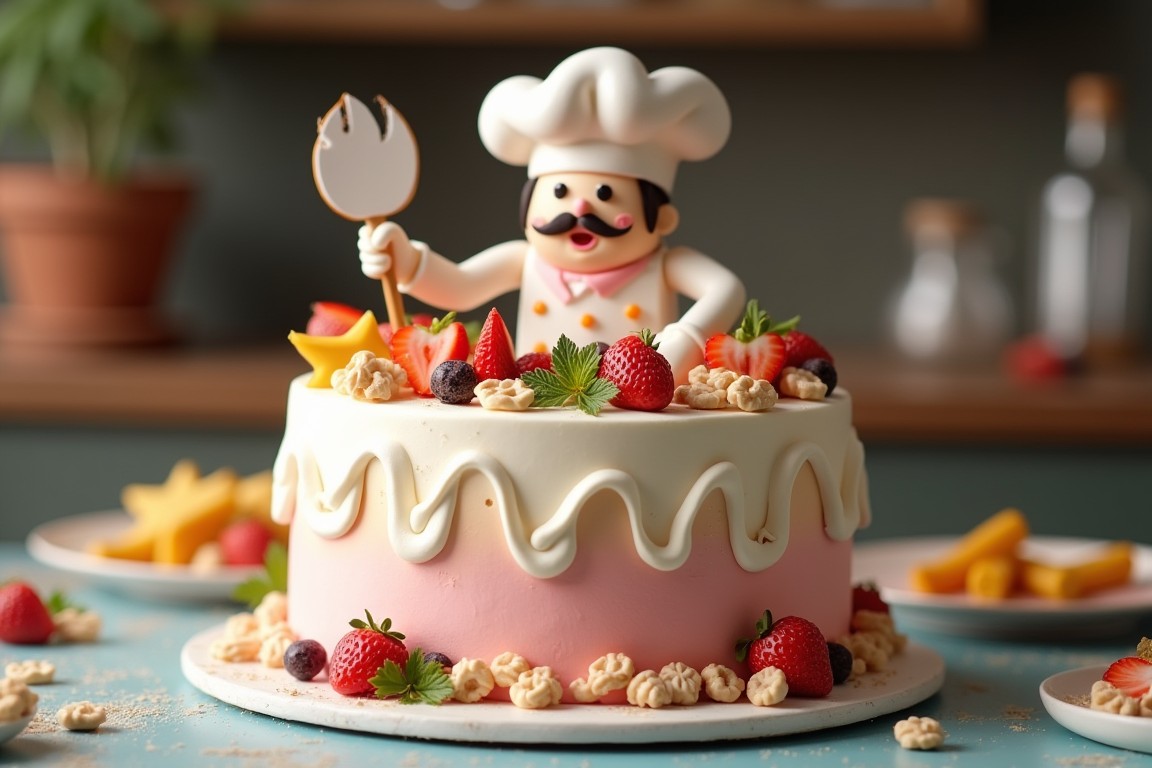 cake design con un personaggio chef in pasta di zucchero in cima, guarnita con fragole fresche e cereali.
